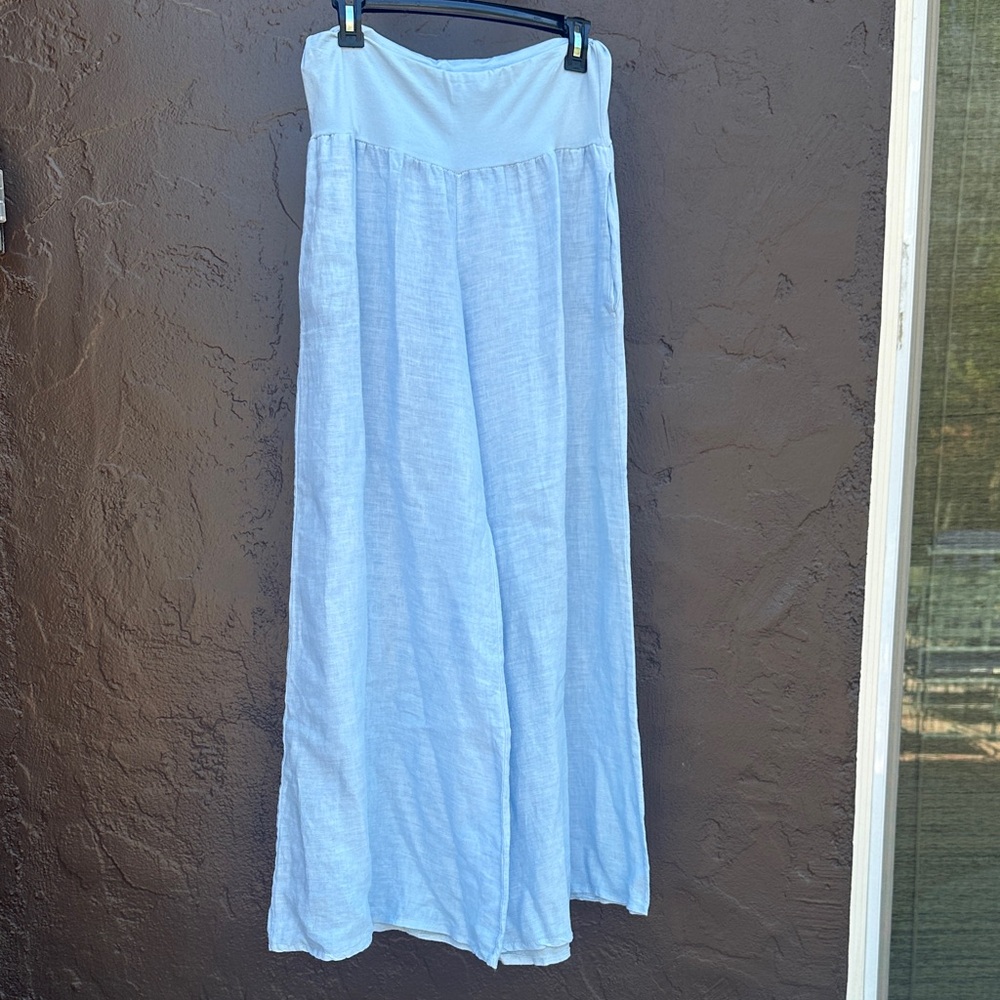 Baby Blue Wide-Leg Linen Pants